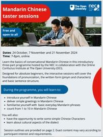 Promotional flyer outlining the Chinese language taster sessions