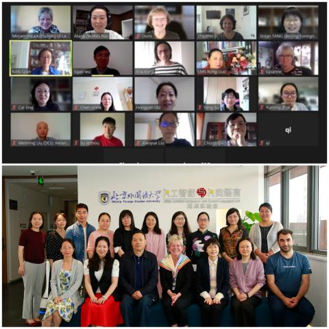 Two photos of the online participants and the group in person workshop at BFSU