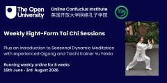 The image shows Tai Chi instructor Feixia Yu demonstrating a movement